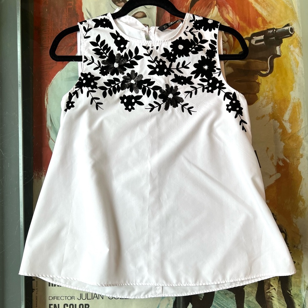 Zara White Blouse with Black Sequin Flower